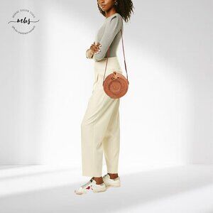 Bohemian Rattan Wicker Canteen Knotted Loop Closure Round‎ Crossbody Purse Tan